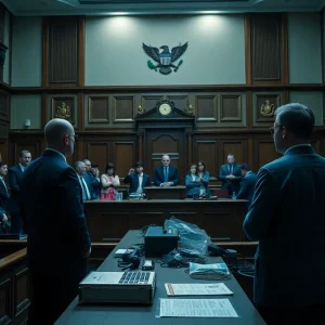 Dramatic courtroom scene depicting the trial of a cold case involving DNA evidence