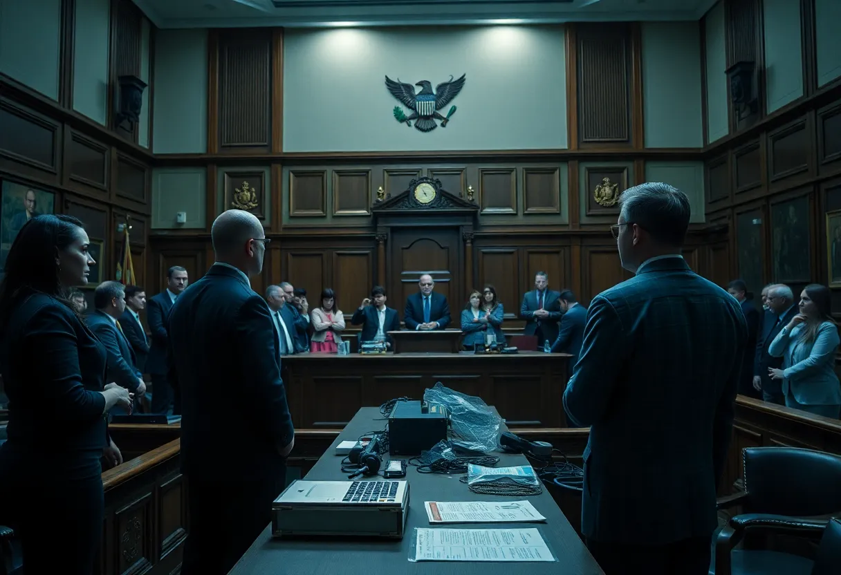 Dramatic courtroom scene depicting the trial of a cold case involving DNA evidence