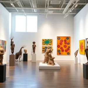 Modern art museum space with artworks and visitors