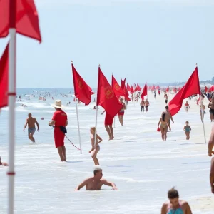 Lifeguards monitor a busy Virginia Beach with red flags for rip currents