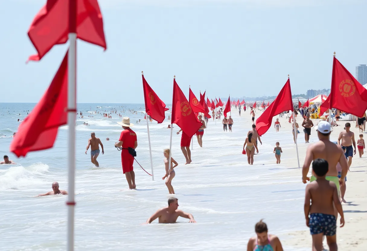 Lifeguards monitor a busy Virginia Beach with red flags for rip currents