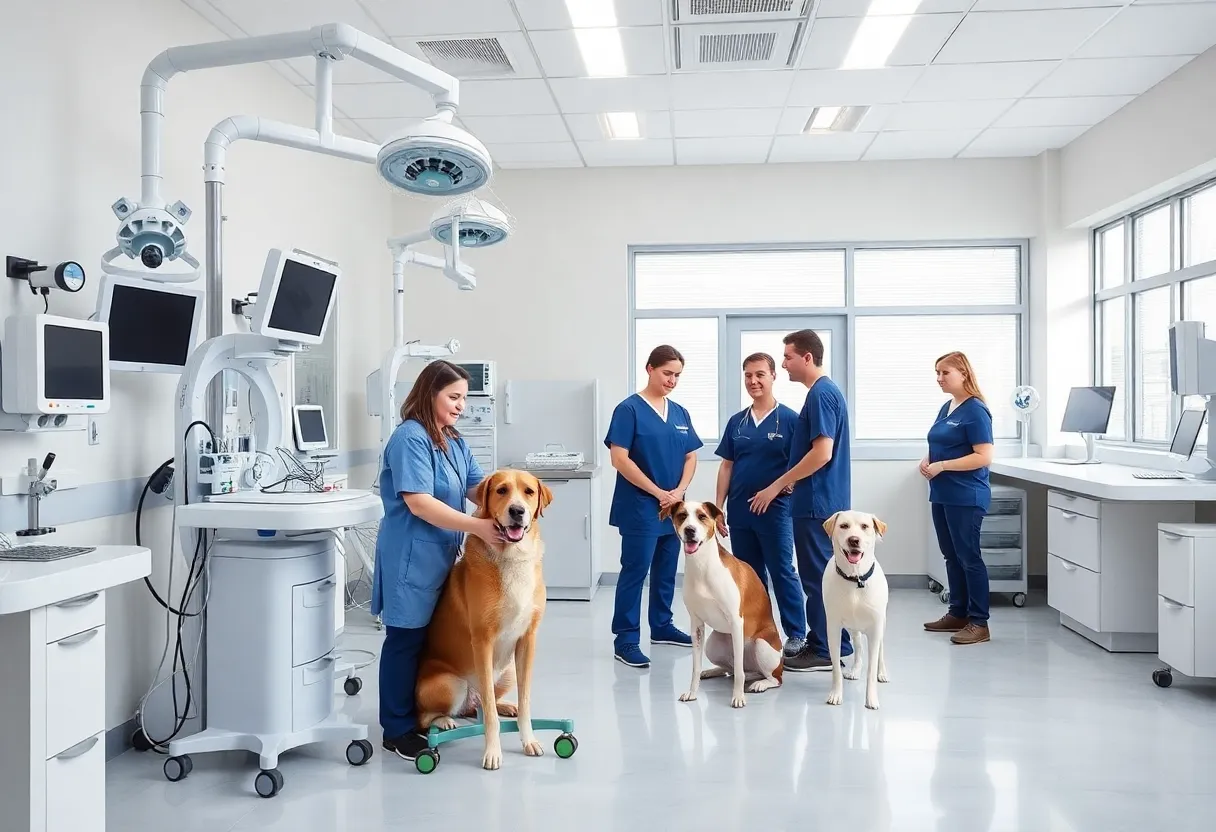 Veterinary hospital team working with medical equipment in a modern facility