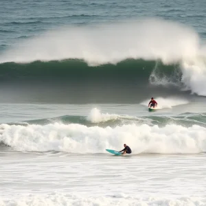 Surfers competing in turbulent ocean waves