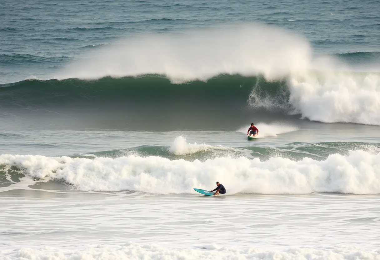 Surfers competing in turbulent ocean waves