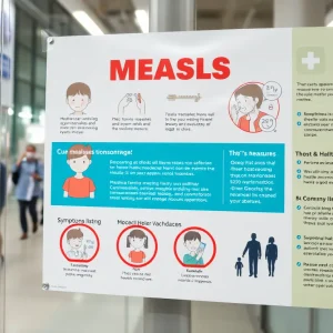 Informational poster showing measles symptoms, vaccination icons, and health advisory messages