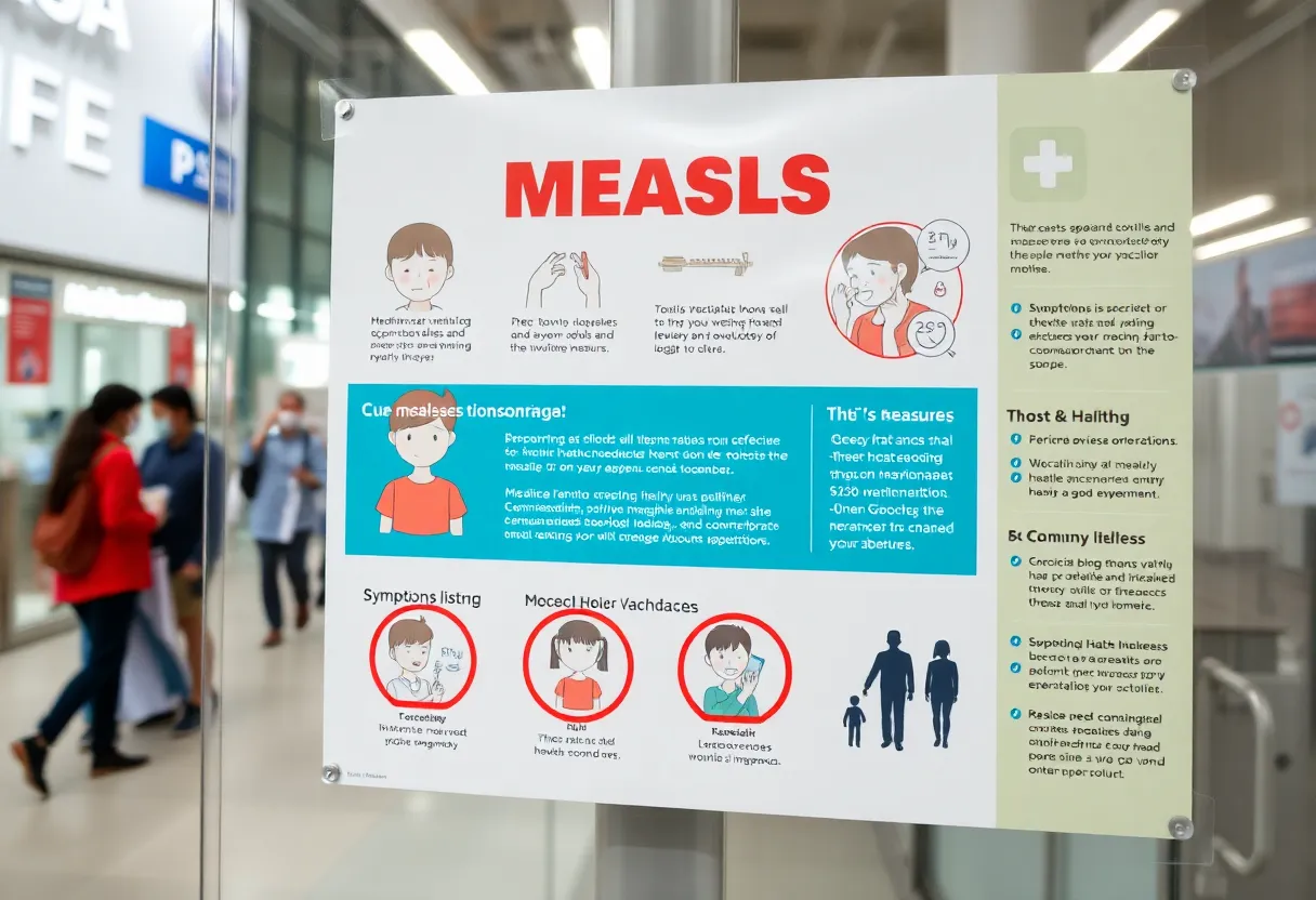 Informational poster showing measles symptoms, vaccination icons, and health advisory messages
