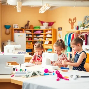 Children engaged in sewing and fashion design activities in a vibrant, modern studio environment
