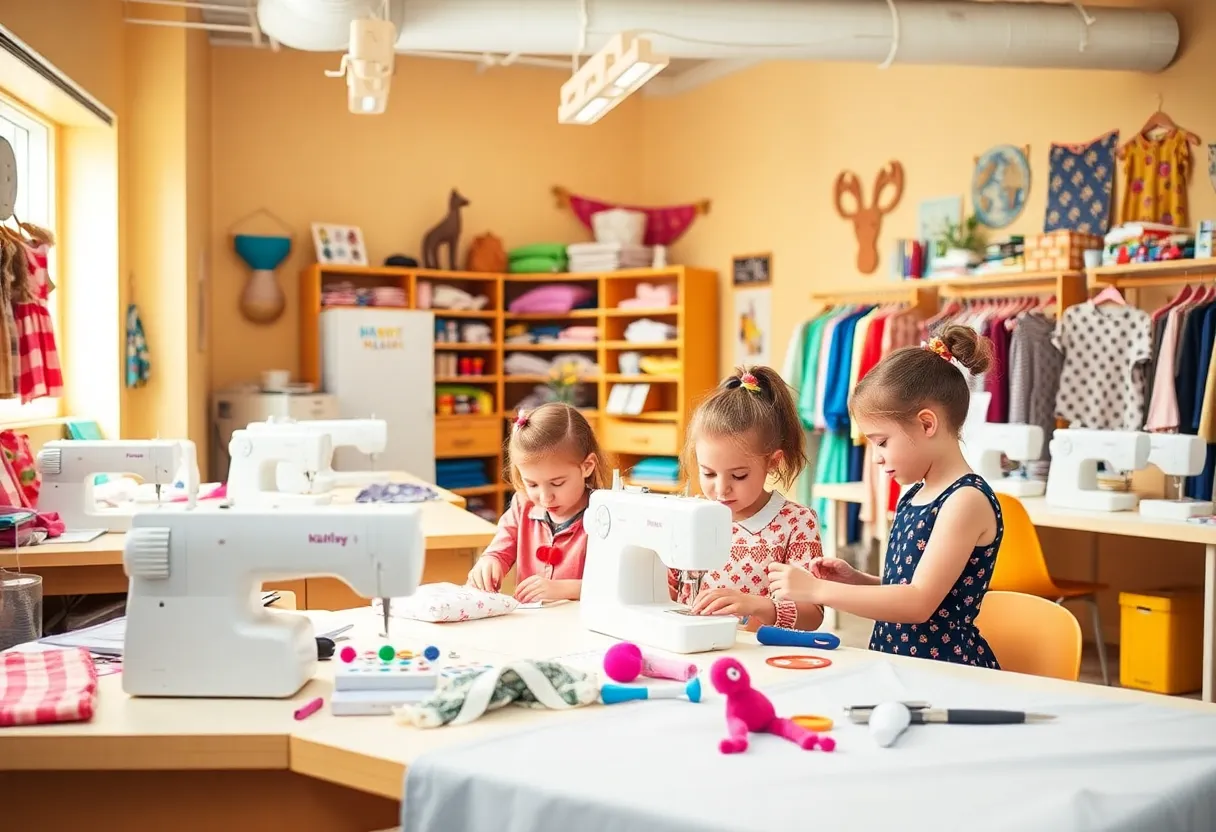 Children engaged in sewing and fashion design activities in a vibrant, modern studio environment