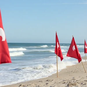 Rough waves at Virginia Beach with lifeguard flags warning of dangerous swimming conditions.