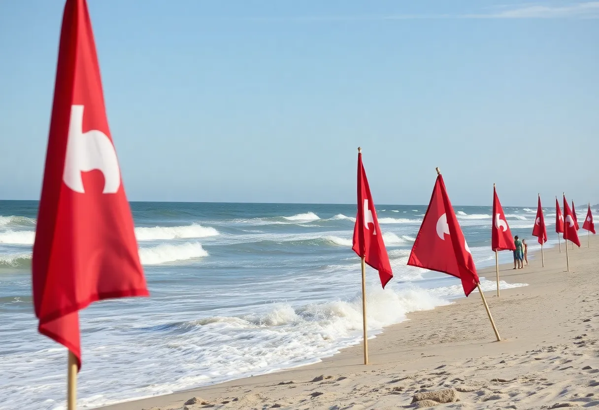 Rough waves at Virginia Beach with lifeguard flags warning of dangerous swimming conditions.