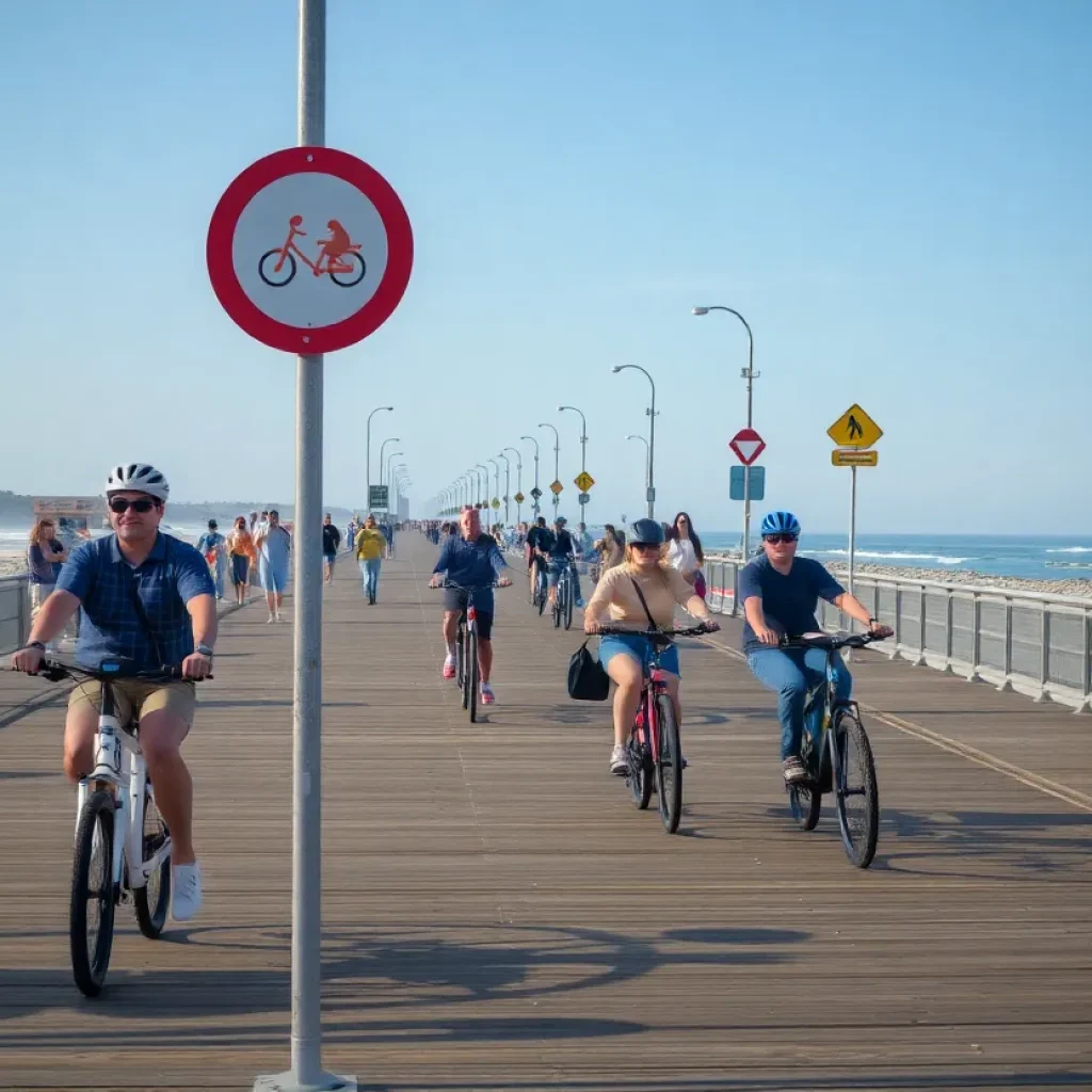 E-bikes and pedestrians on Virginia Beach boardwalk highlighting safety concerns.