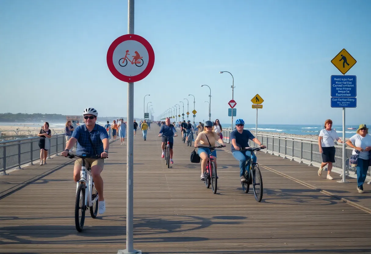 E-bikes and pedestrians on Virginia Beach boardwalk highlighting safety concerns.