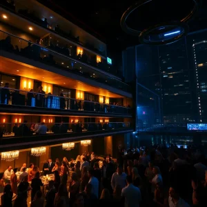 Interior view of an upscale R&B nightclub with balconies, dance floor, and stylish patrons enjoying music