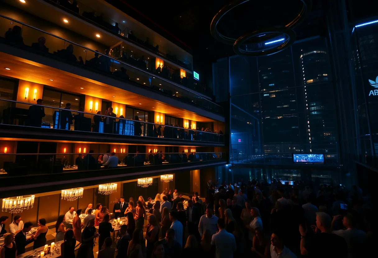 Interior view of an upscale R&B nightclub with balconies, dance floor, and stylish patrons enjoying music