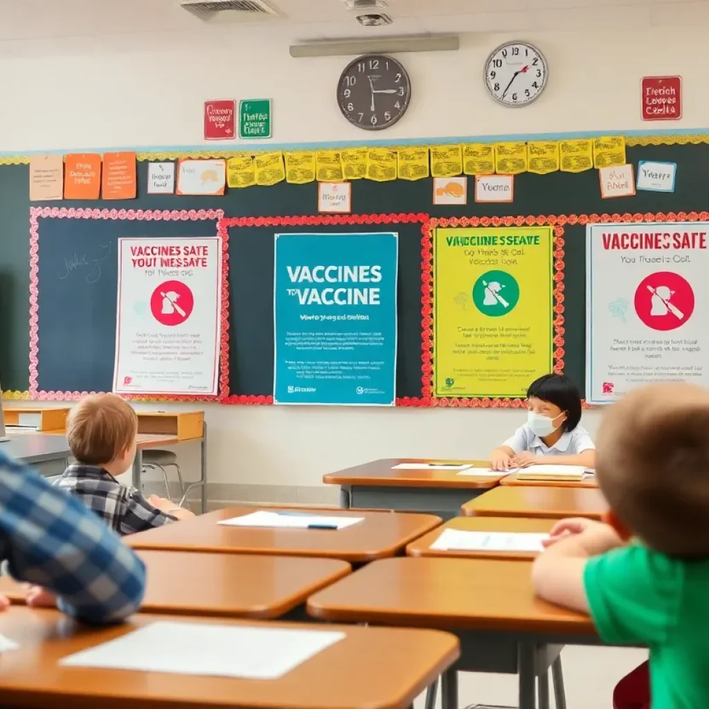 Children in classroom with health awareness and vaccination posters