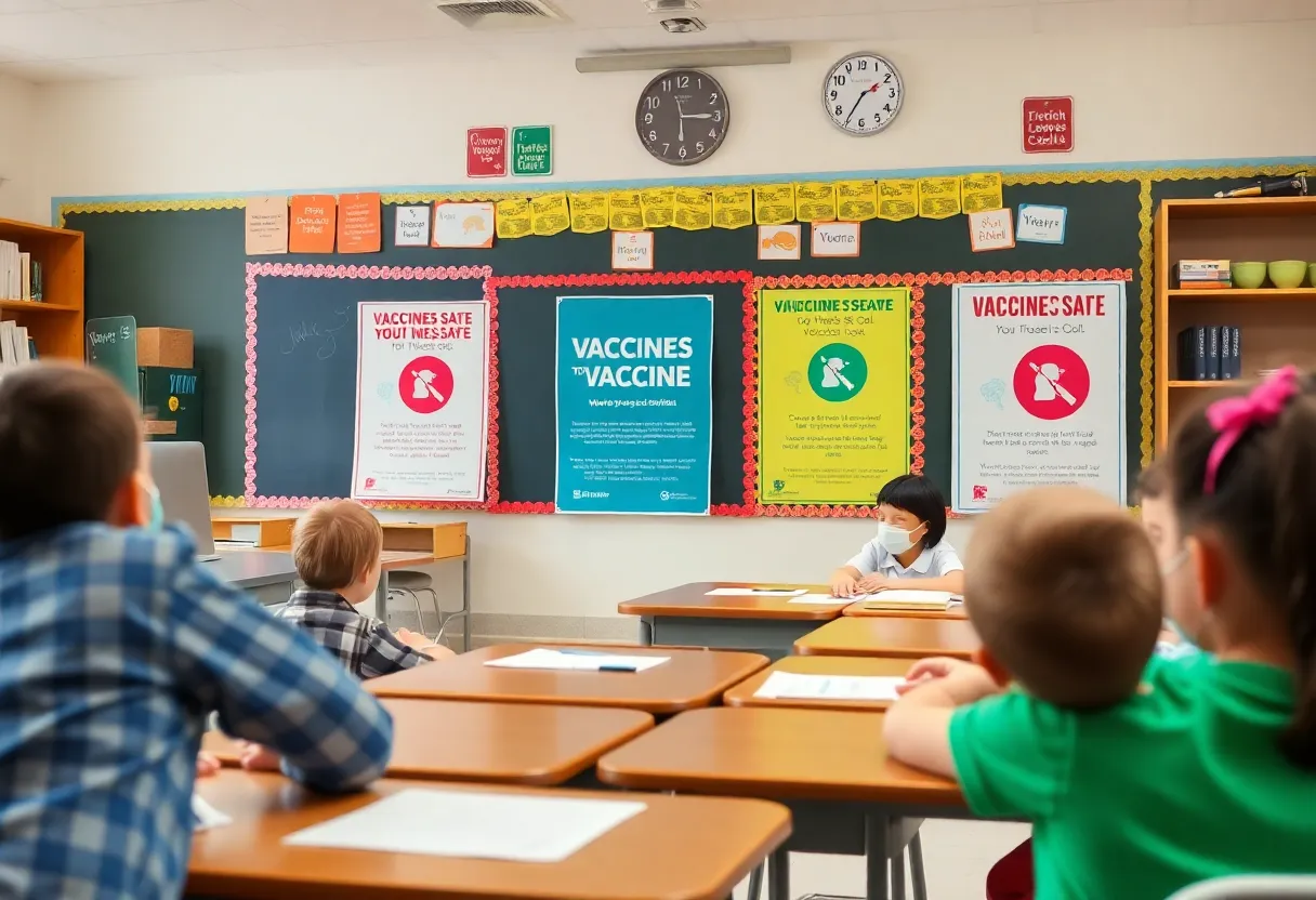Children in classroom with health awareness and vaccination posters