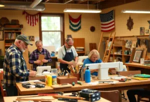 Veterans participating in woodworking and sewing classes at a community center