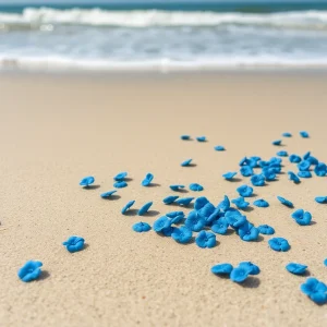 Blue buttons scattered on Virginia Beach sand