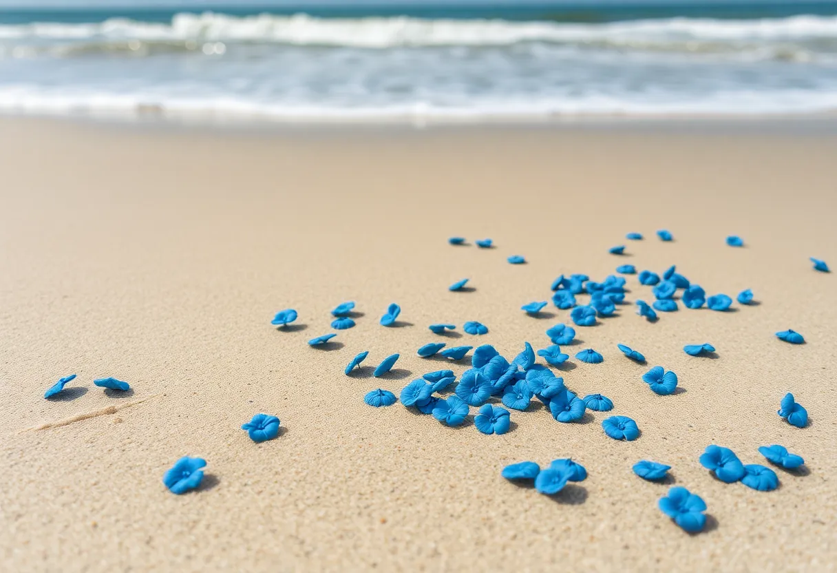 Blue buttons scattered on Virginia Beach sand