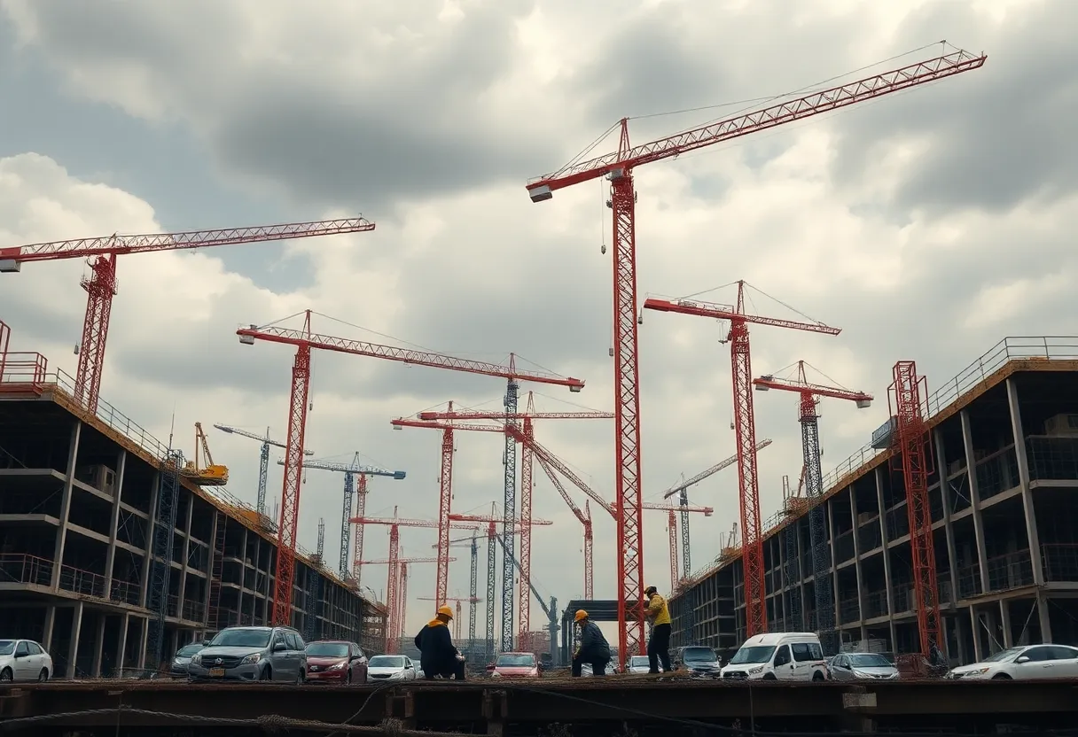 A construction site showing difficulties faced by workers and machinery in challenging conditions.