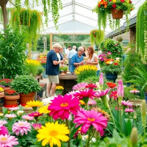 A lively garden festival in Virginia Beach with colorful flowers and participants engaging in gardening activities.