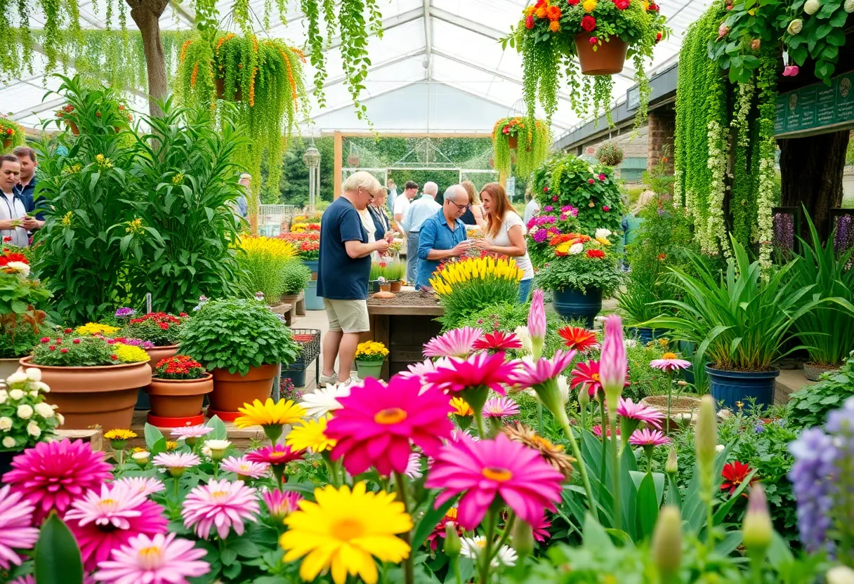 A lively garden festival in Virginia Beach with colorful flowers and participants engaging in gardening activities.