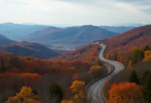 Autumn landscape of Shenandoah National Park with highway and colorful trees