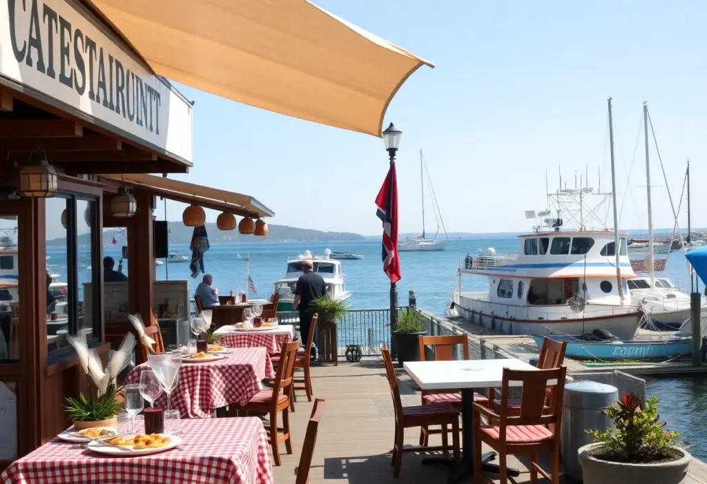 Waterfront seafood restaurant in Virginia Beach with boats and ocean scenery