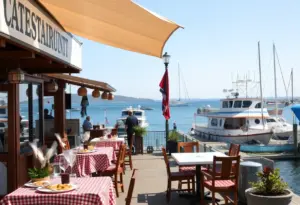 Waterfront seafood restaurant in Virginia Beach with boats and ocean scenery