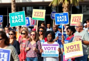 Campaign signs and voters engaging at an election event in Virginia Beach