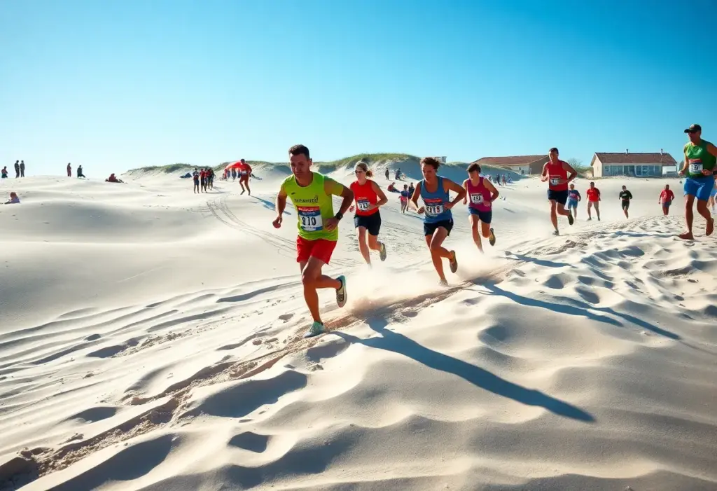 Runners competing in the Red Bull Quicksand race at Virginia Beach.