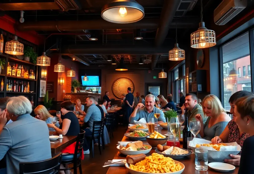 A lively restaurant interior with people enjoying dining and a variety of gourmet dishes on display.