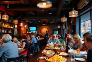 A lively restaurant interior with people enjoying dining and a variety of gourmet dishes on display.
