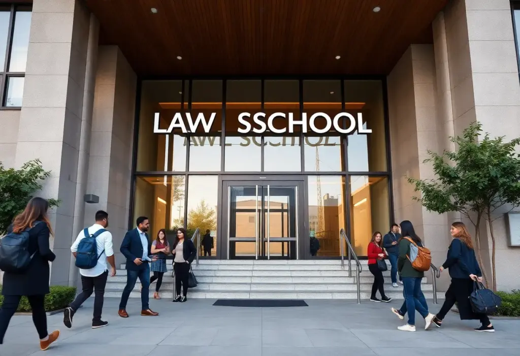 Exterior view of a modern university law school building