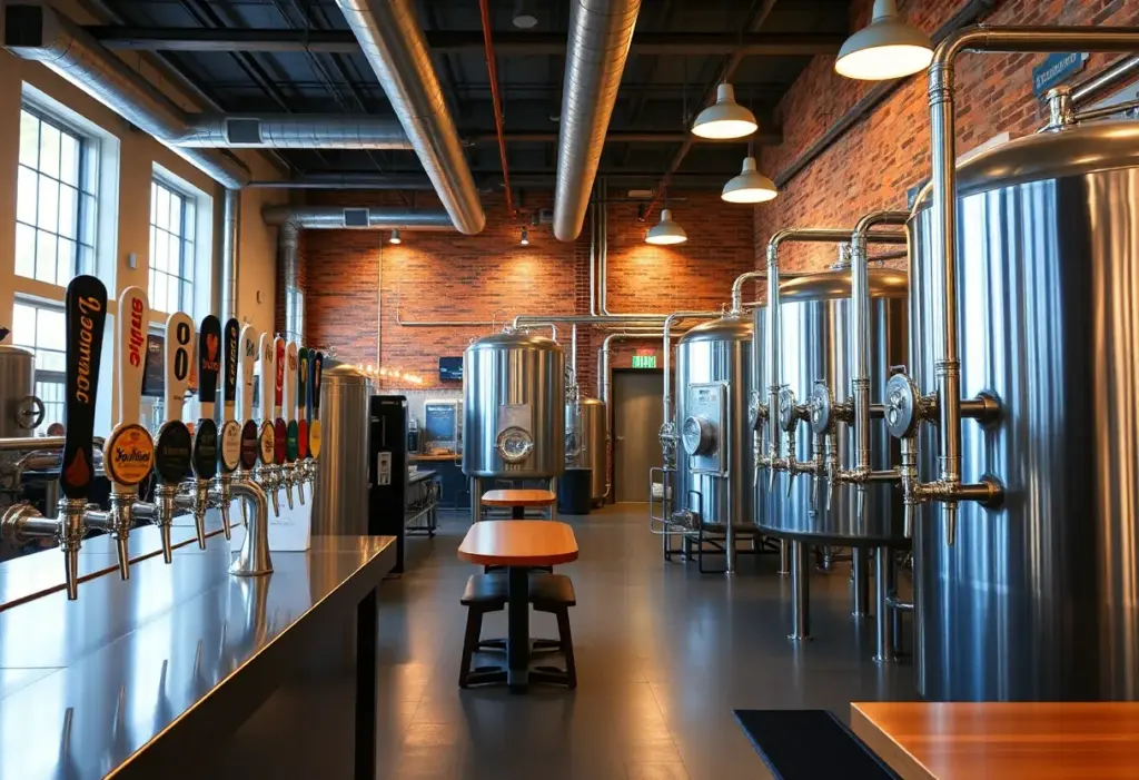 Interior view of a lively craft brewery with beer taps and tasting area