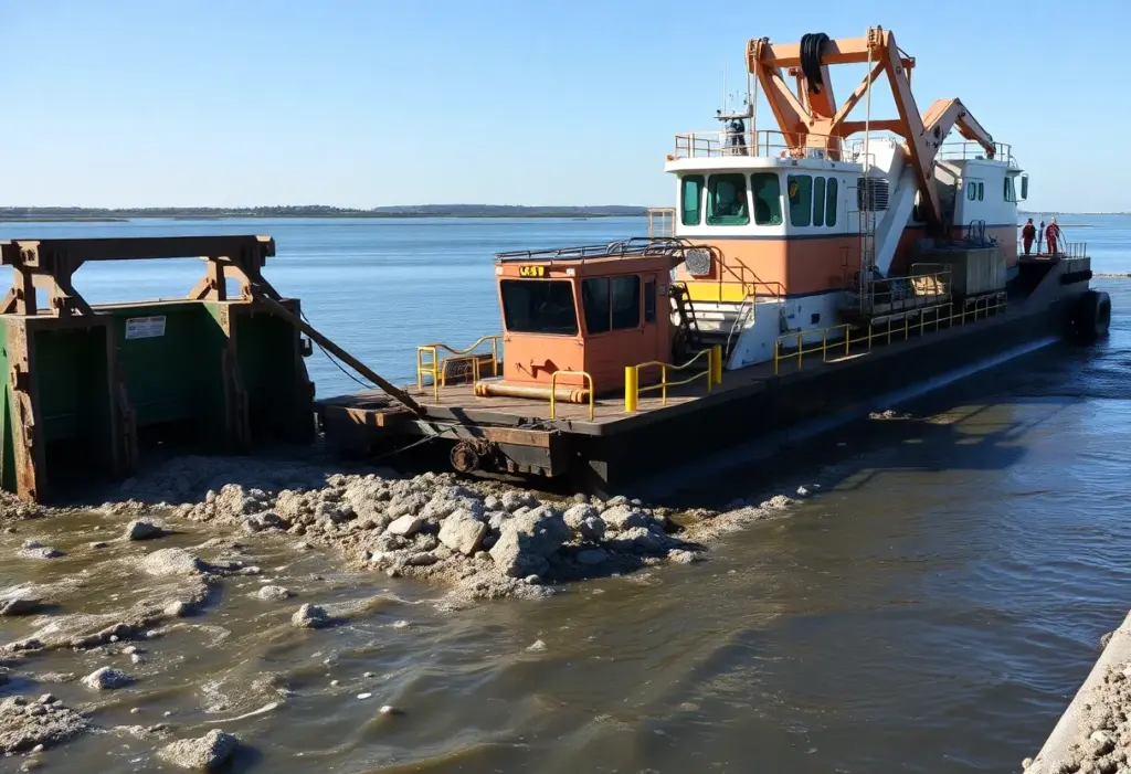 A large advanced dredge working in a harbor setting to improve waterway navigation