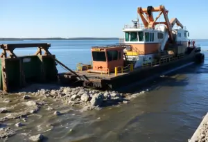 A large advanced dredge working in a harbor setting to improve waterway navigation
