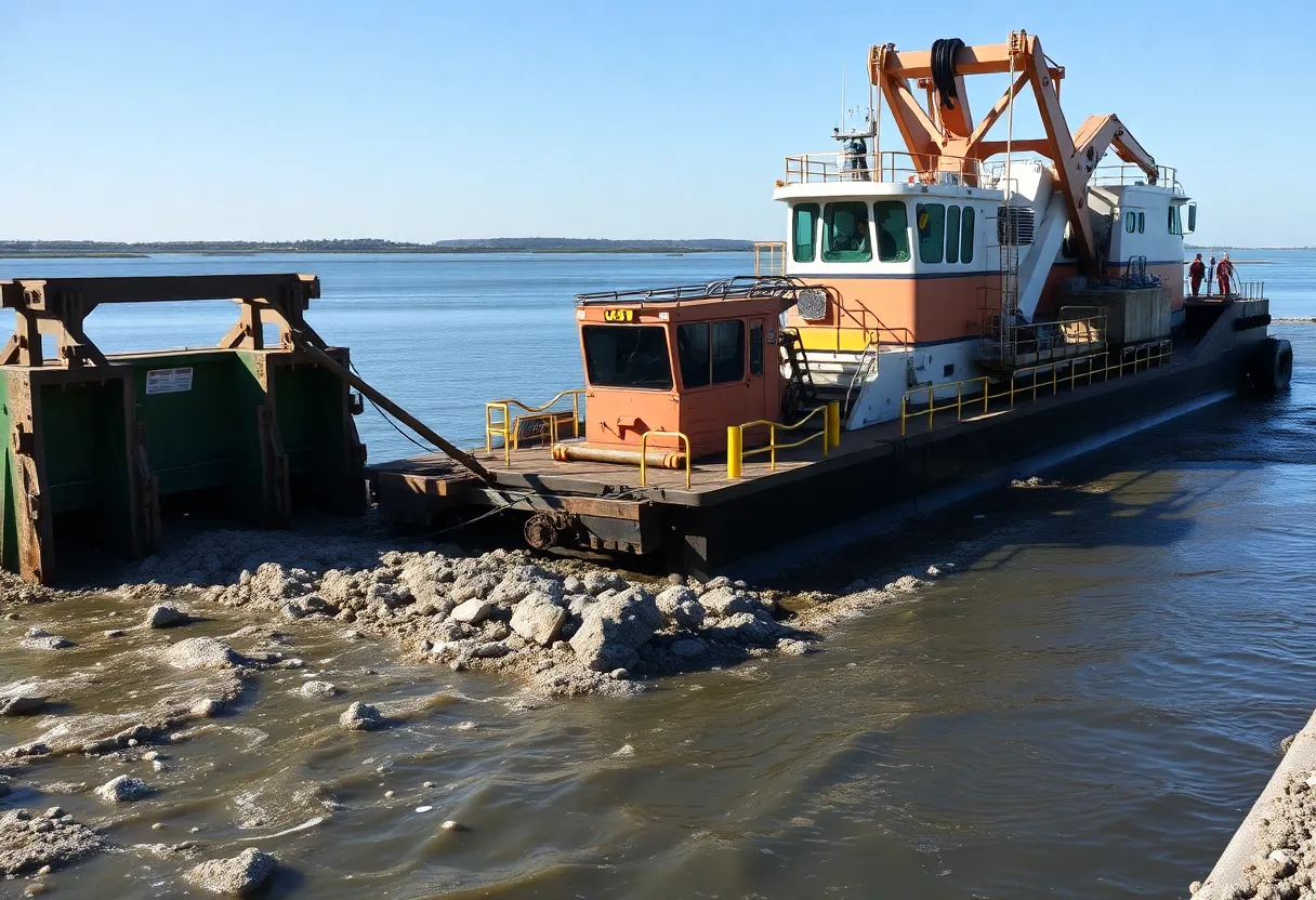 A large advanced dredge working in a harbor setting to improve waterway navigation