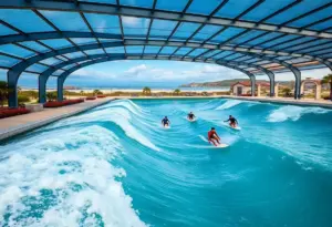 Surfers enjoying waves at a state-of-the-art wave pool in Virginia Beach