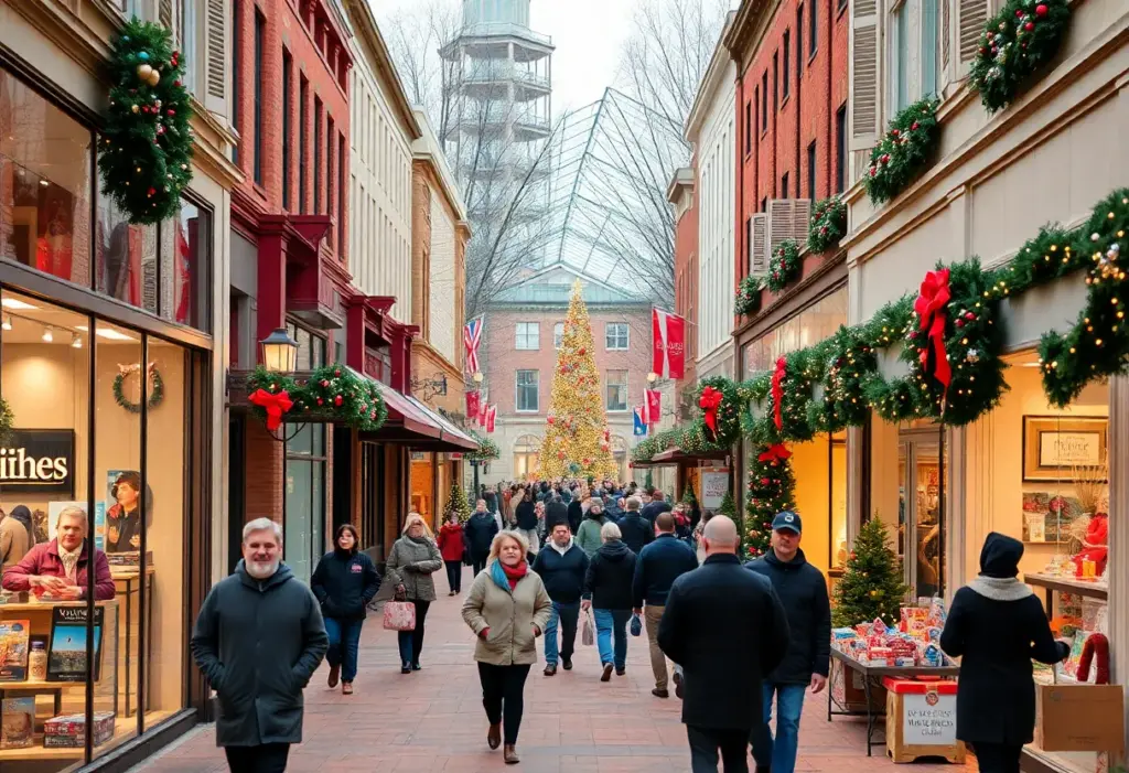 Holiday shopping in Virginia with shoppers and decorated stores