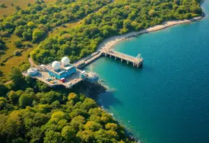 Illustration of subsea communication infrastructure along the coast of Myrtle Beach supporting global data connectivity.