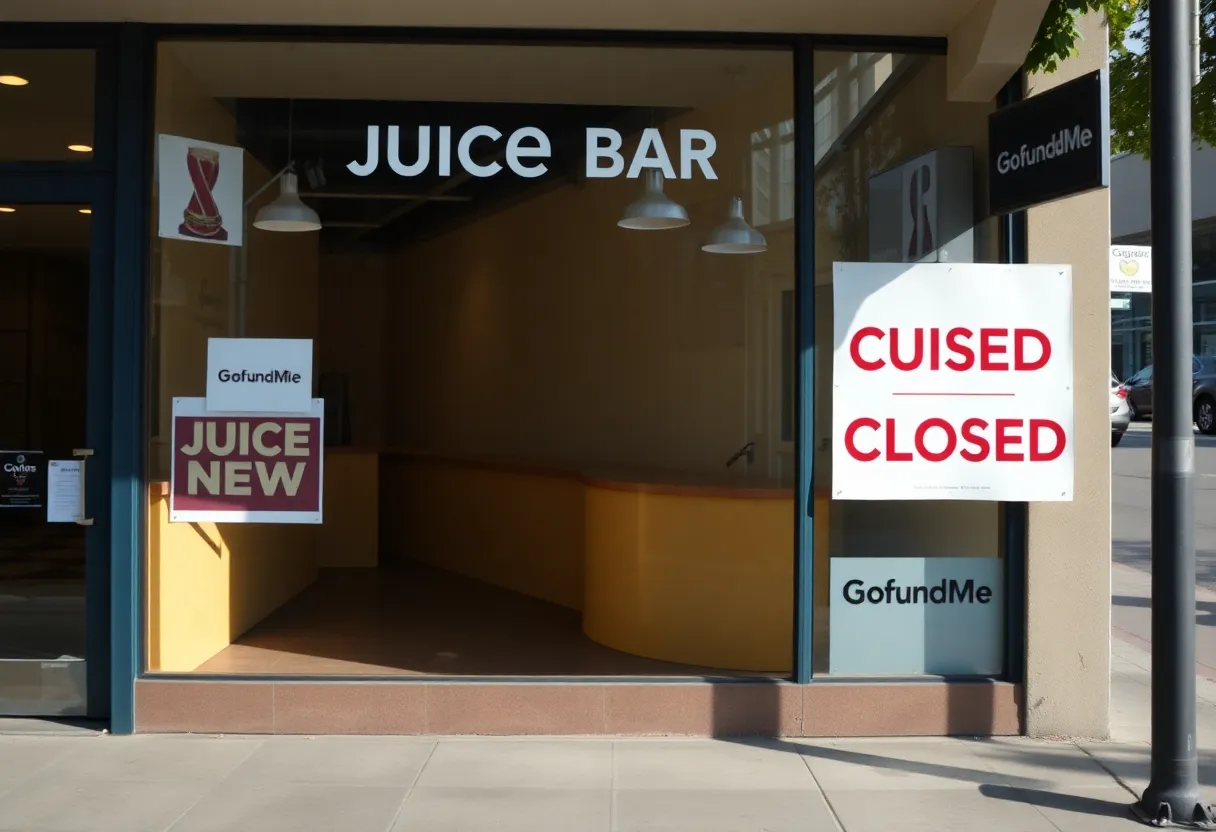 Empty storefront of a juice bar with a closed sign and community support banners