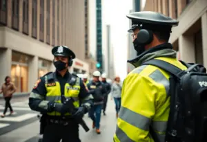 Illustration of law enforcement officers and community members participating in an election