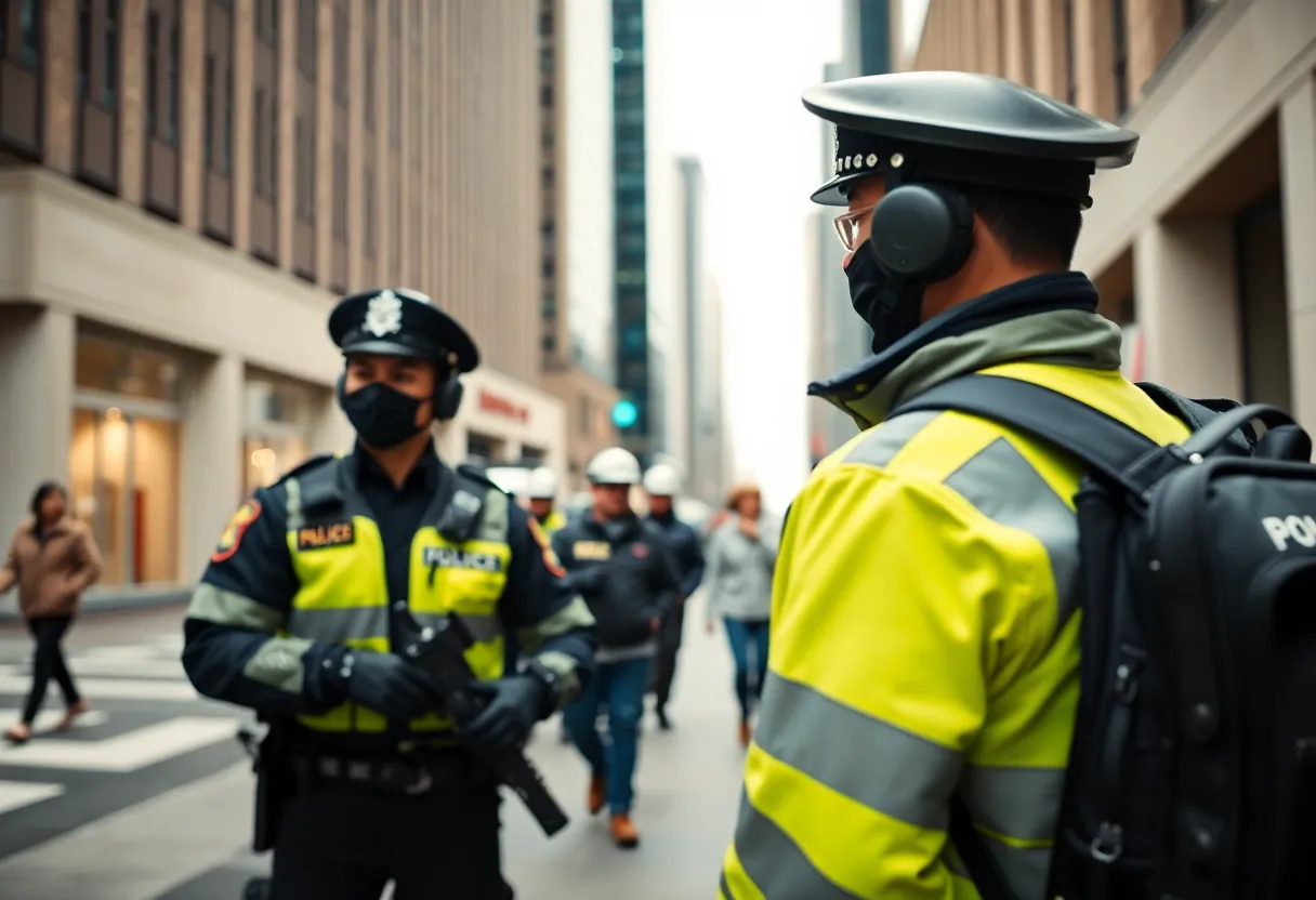 Illustration of law enforcement officers and community members participating in an election
