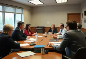 School board members in discussion about health insurance premiums among frustrated educators.