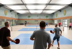 A spacious indoor pickleball courts with players engaged in a game, vibrant atmosphere