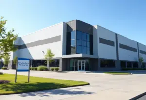 Construction site of a new medical supply company's headquarters in Virginia Beach with workers and equipment present
