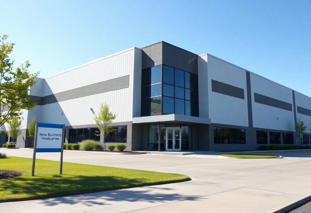Construction site of a new medical supply company's headquarters in Virginia Beach with workers and equipment present