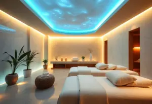 Spa treatment room with comfortable massage beds and calming decor