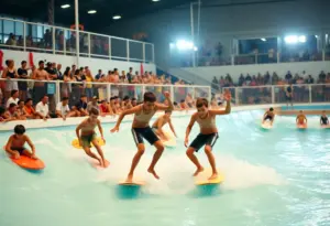 Young surfers competing in a wave pool